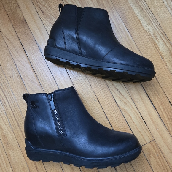Sorel Evie ii Black Ankle Boots Wedge Side Zipper 8.5 - Picture 1 of 9